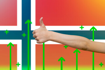 Norway flag with green up arrows,  finger thumbs up front of Norway flag, increasing values and 