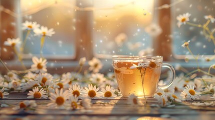 Warm herbal tea in a transparent mug surrounded by fresh daisies on a wooden surface with sunlight.