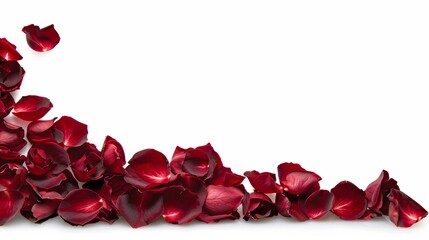 Elegant red rose petals strewn across a bright white background, ideal for romantic concepts.