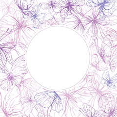 Butterflies are pink, blue, lilac, flying, delicate line art. Graphic illustration hand drawn in pink, lilac ink. Circle frame, template EPS vector