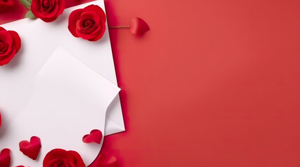 an envelope isolated on a pure white background with hearts and roses on a red background