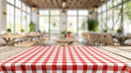 Red and white checkered tablecloth on a wooden table in a bright, spacious eatery with a blurred background.