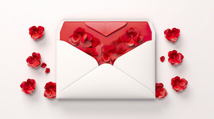 an envelope isolated on a pure white background with hearts and roses on a red background