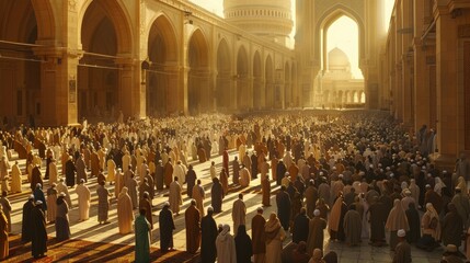 Fototapeta premium A vast, sun-drenched courtyard filled with rows of Muslims performing the Eid al-Adha prayer, capturing the unity and devotion of the celebration.
