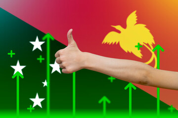 Papua New Guinea flag with green up arrows, increasing values and improving economy, country 