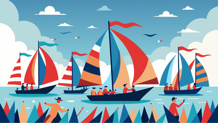 The sound of cheering fills the air as sailboats with fluttering flags pass by in a friendly Independence Day regatta a true celebration of our. Vector illustration - obrazy, fototapety, plakaty