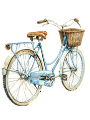 An artistic watercolor depiction of a vintage bicycle with a basket, rendered in delicate shades of blue and cream, charming and quaint, isolated on a white background