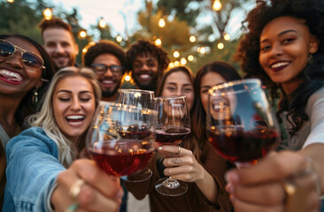 A group of friends taking a selfie with wine glasses at an outdoor party, all smiling and laughing heartily while holding their reds or whites in hand