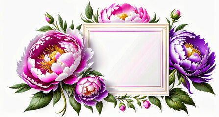 Banner with watercolor purple and red peony flowers on light background. Flat lay, top view. Frame template for web, wedding invitation, Mothers and Womans day. Floral composition with copy space.
