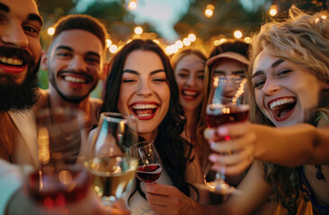 A group of friends taking a selfie with wine glasses at an outdoor party, all smiling and laughing heartily while holding their reds or whites in hand