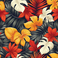 a seamless pattern colorful background of tropical flowers and leaves.