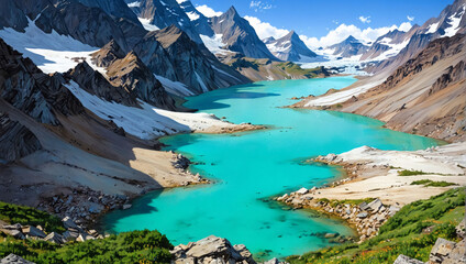 Glacier-carved valleys with turquoise lakes.
