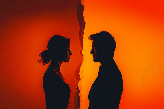 Silhouettes of a couple in marital discord, gazing in opposite directions, on the brink of divorce or separation