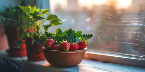Ripe strawberries in a clay pot on a windowsill, bathed in warm sunset light with indoor plants.