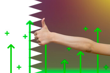 Qatar flag with green up arrows, increasing values and improving economy,  finger thumbs up front 