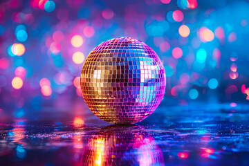 Vibrant Disco Ball Sphere Illuminated with Colorful Lights - Perfect Party Night Wallpaper with Space for Text