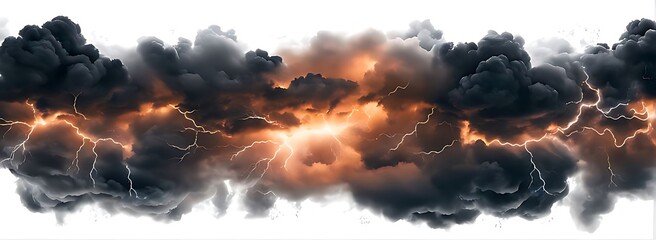  Black storm clouds with lightnings and smoke isolated on white background. 