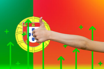 Portugal flag with green up arrows, upward rising arrow on data, increasing values and improving 