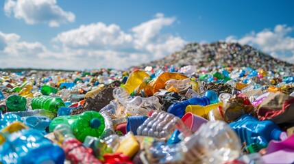 Fototapeta premium A vast landfill overflowing with colorful plastic bottles and containers, highlighting the sheer volume of plastic waste generated