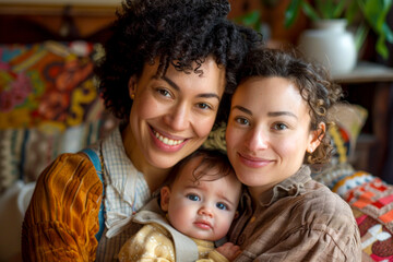 Fototapeta premium Portrait of a same-sex family: Two moms lovingly holding their young child