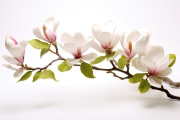 Obraz premium Blooming white and pink close-up flowers of magnolia on a branch with young leaves, growing in spring park or botanical garden, with blurred white background