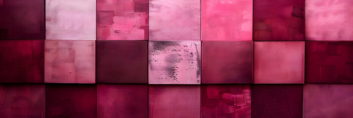 A high-definition photograph of a sequence of squares, each transitioning from a rich burgundy to a soft pink.