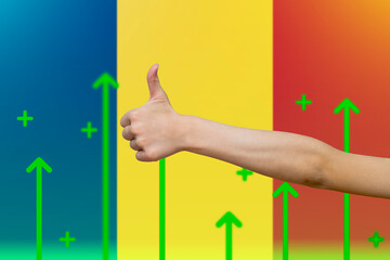 Romania flag with green up arrows, increasing values and improving economy,  finger thumbs up front 