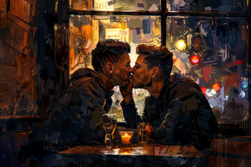 Romantic embrace: Same-sex couple sharing a kiss in a cozy cafe setting - Powered by Adobe