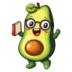 Kawaii sticker vector of an avocado with glasses holding a book