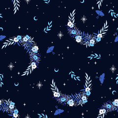 Vector magic seamless pattern with moon, plants and stars. Mystical esoteric background for design of fabric, packaging, astrology, phone case, wrapping paper. 