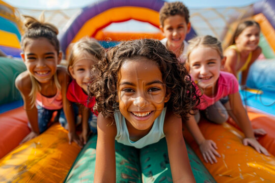 Joyful children enjoying the inflatable bounce house under the summer sun