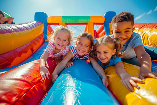 Joyful children bouncing on inflatable castle under the summer sun