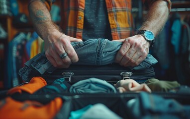 Man packs clothes into suitcase for upcoming vacation, carefully arranging each item.