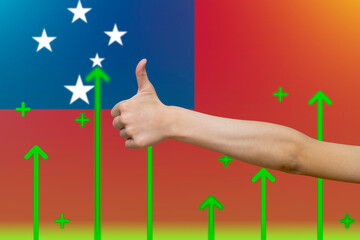 Samoa flag with green up arrows, upward rising arrow on data,  finger thumbs up front of Samoa 