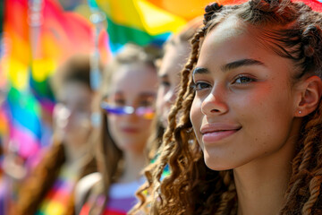Obraz premium Diverse and Proud: Young Activists Unite for LGBTQ+ Rights at Pride Month Parade