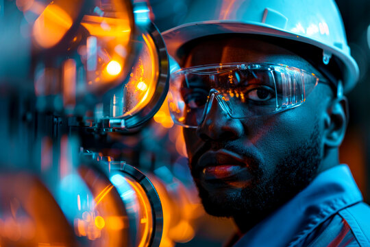 Innovative Energy Research: Engineers at R&D Center Exploring New Sources with Protective Glasses