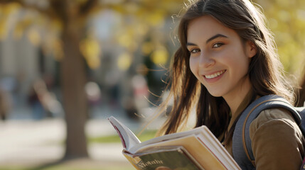 Jovem mulher universitária feliz lendo um livro no Campus da universidade  