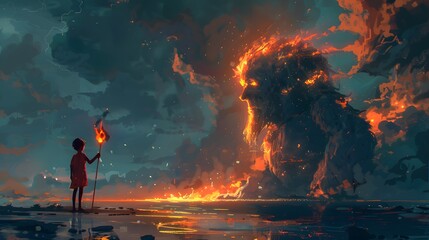 A child holding a flaming torch confronts a towering fire elemental at dusk, symbolizing a striking clash of innocence and elemental fury, Digital art style, illustration painting.