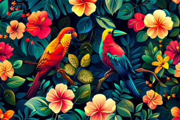 Tropical Paradise: Vibrant Rainforest Seamless Pattern with Birds and Flowers