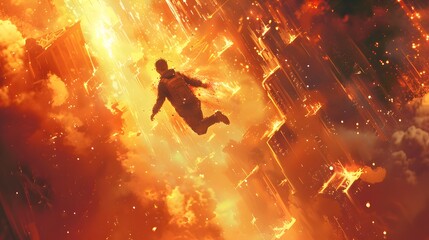 An astronaut is depicted in mid-freefall amongst a chaotic explosion, surrounded by the fiery debris of a shattering skyline.