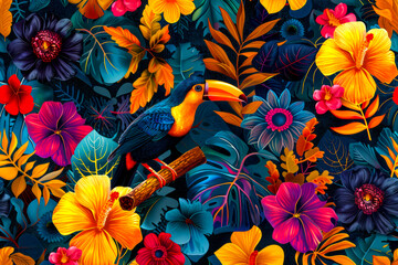 Tropical Paradise: Vibrant Rainforest-Inspired Seamless Pattern with Birds and Flowers