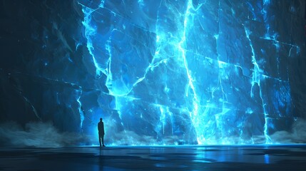 A solitary person stands in awe before a colossal wall of ice illuminated by an intricate network of ethereal blue light.
