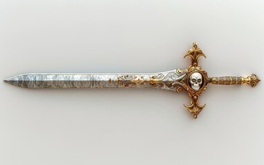 An illustrated long sword adorned with a skull and gold on a plain white backdrop, perfect for...