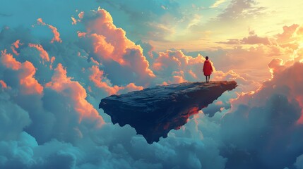 A solitary figure stands on a floating island, high above the clouds under a vast sky, evoking a sense of adventure and solitude, Digital art style, illustration painting.