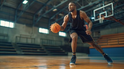 A man dribbles a basketball in gym