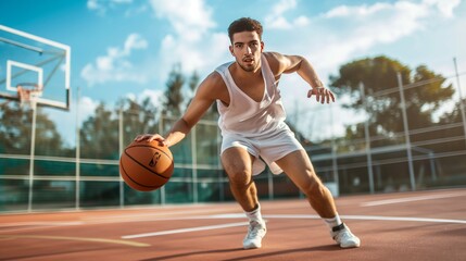 Fototapeta premium A man dribbles a basketball on a court under a cloudy sky