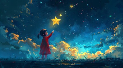 A young child in a red coat reaches out to touch a bright star amid a whimsical, starry night sky filled with fantastical shapes and colors, Digital art style, illustration painting.