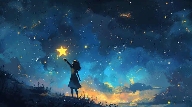 A young child in a red coat reaches out to touch a bright star amid a whimsical, starry night sky filled with fantastical shapes and colors, Digital art style, illustration painting.