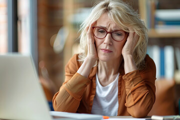 Worried fatigued mature business woman wearing glasses having headache at work. Tired busy 40s middle aged businesswoman feeling stress at workplace looking at laptop computer in office
