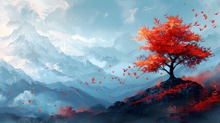 A vibrant red tree stands alone against a backdrop of mist-covered mountains and a soft, painted sky, evoking a sense of serene solitude, Digital art style, illustration painting.